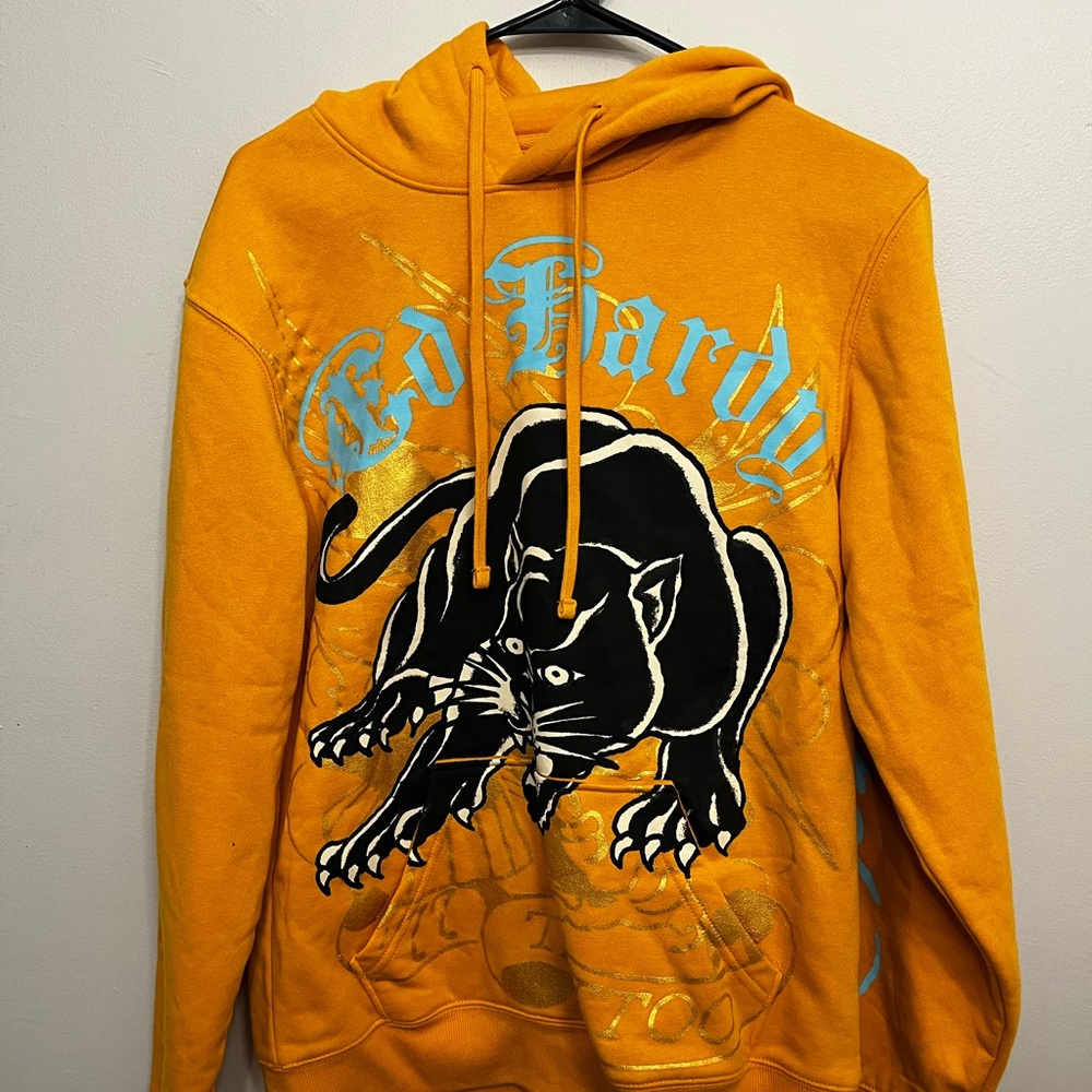 Ed Hardy Men's Gold Hoodie with Black Panther Graphic